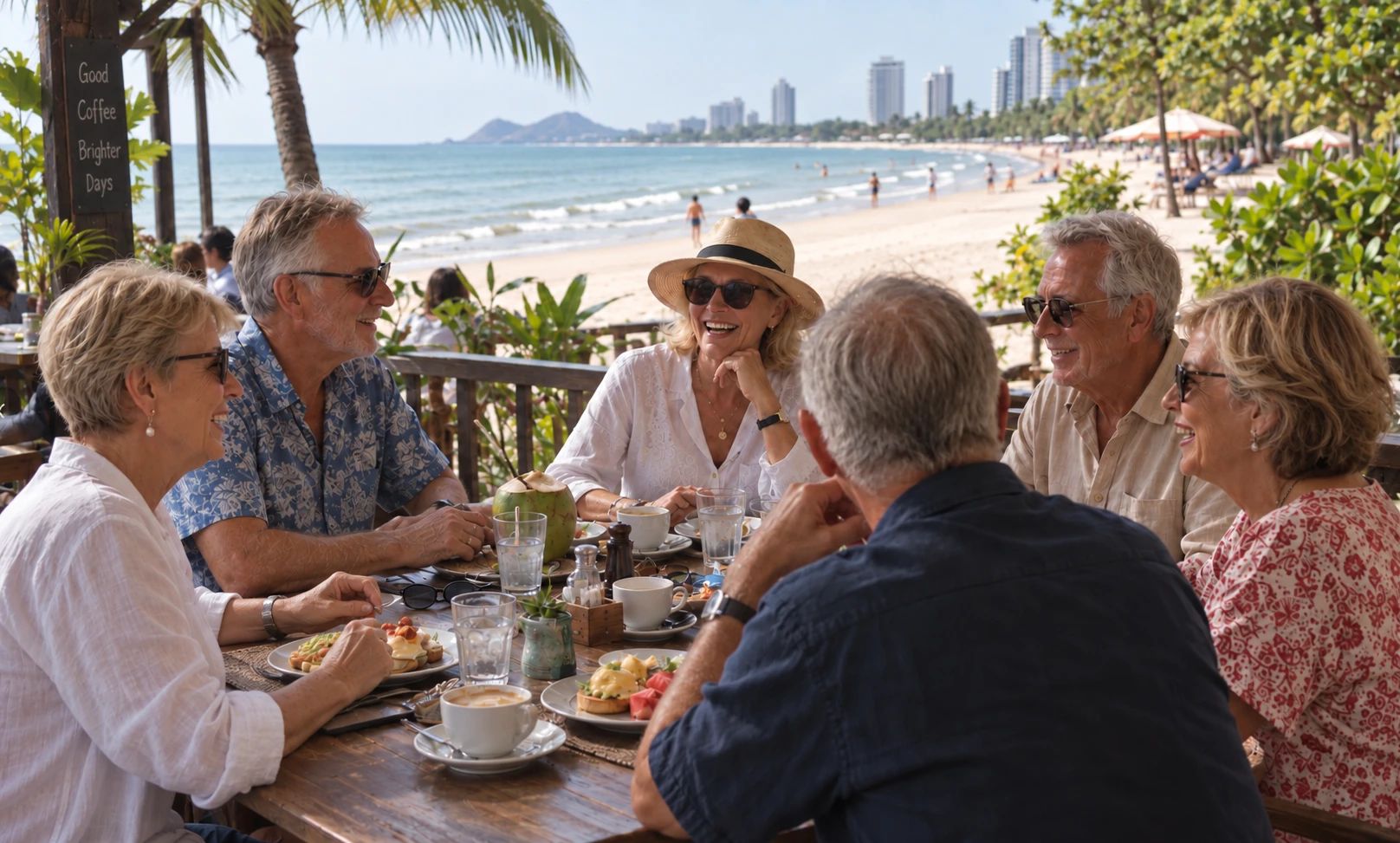 A group of Australian friends enjoying breakfast together with ocean views in Hua Hin.