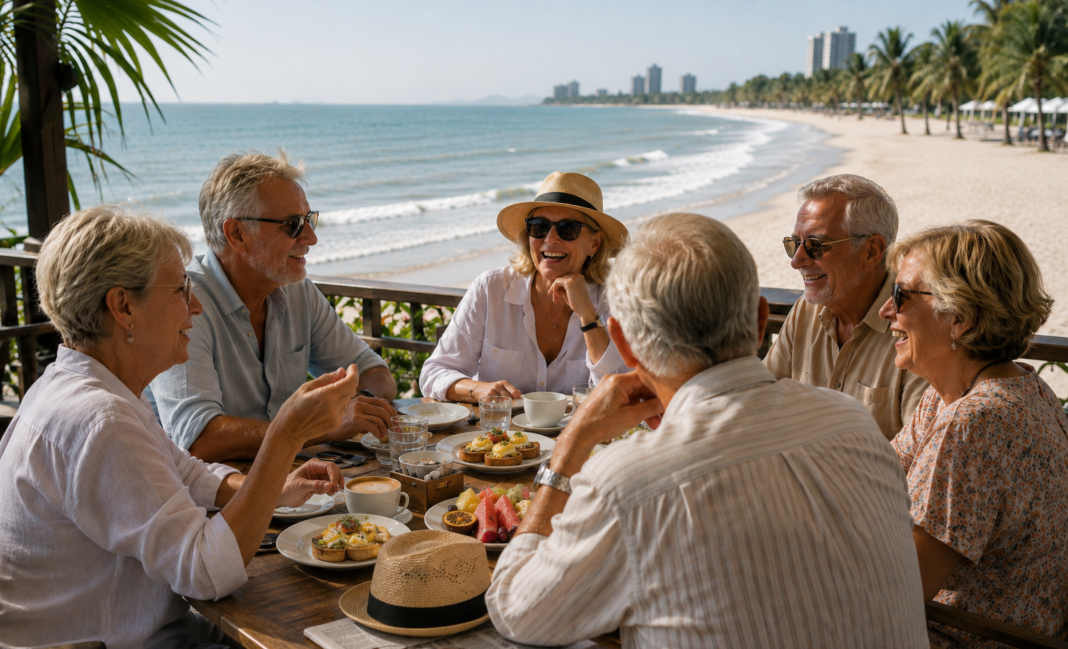 A group of Australian friends enjoying breakfast together with ocean views in Hua Hin.