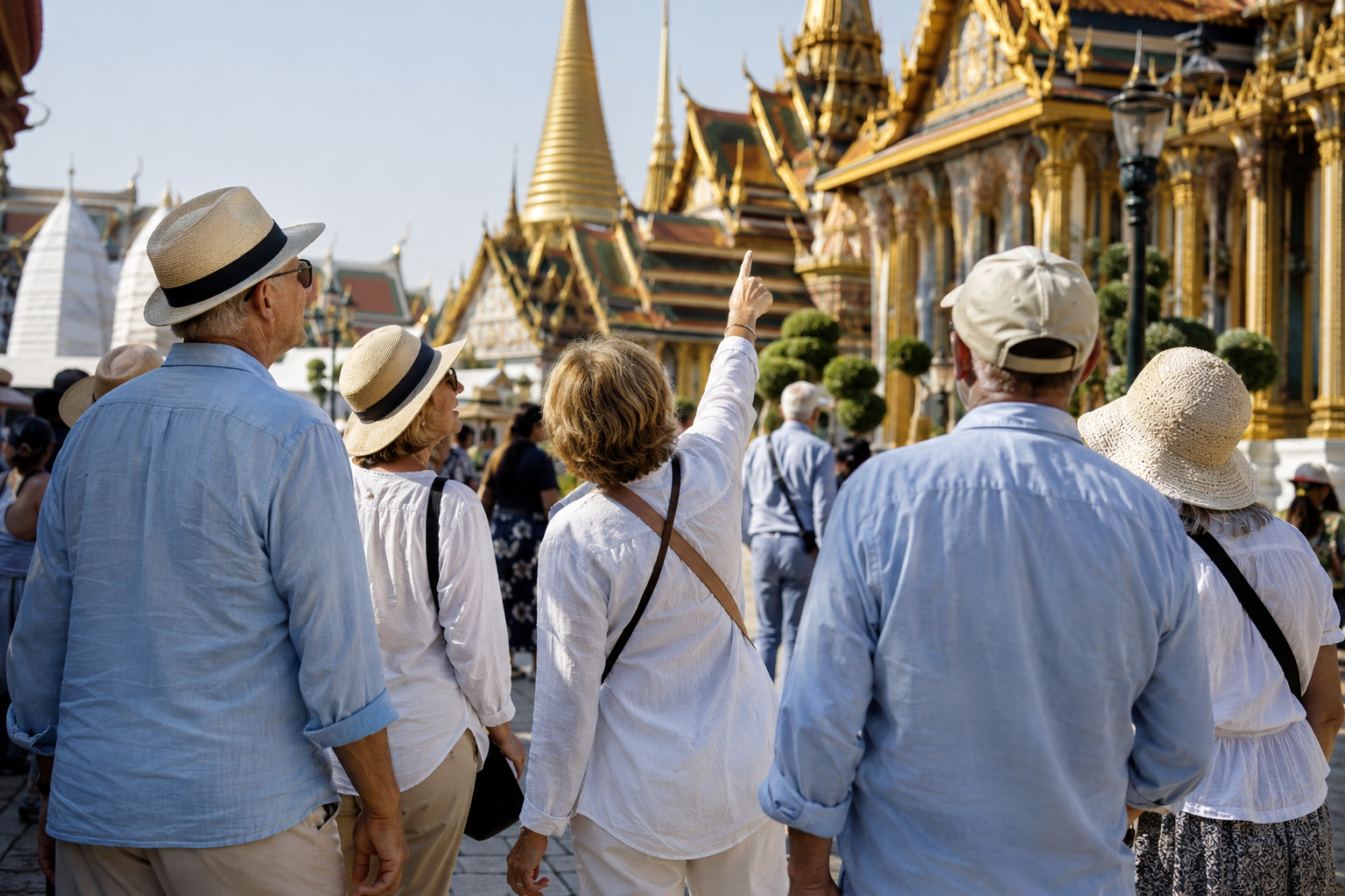 Tour group admiring the golden spires of the Grand Palace in Bangkok.