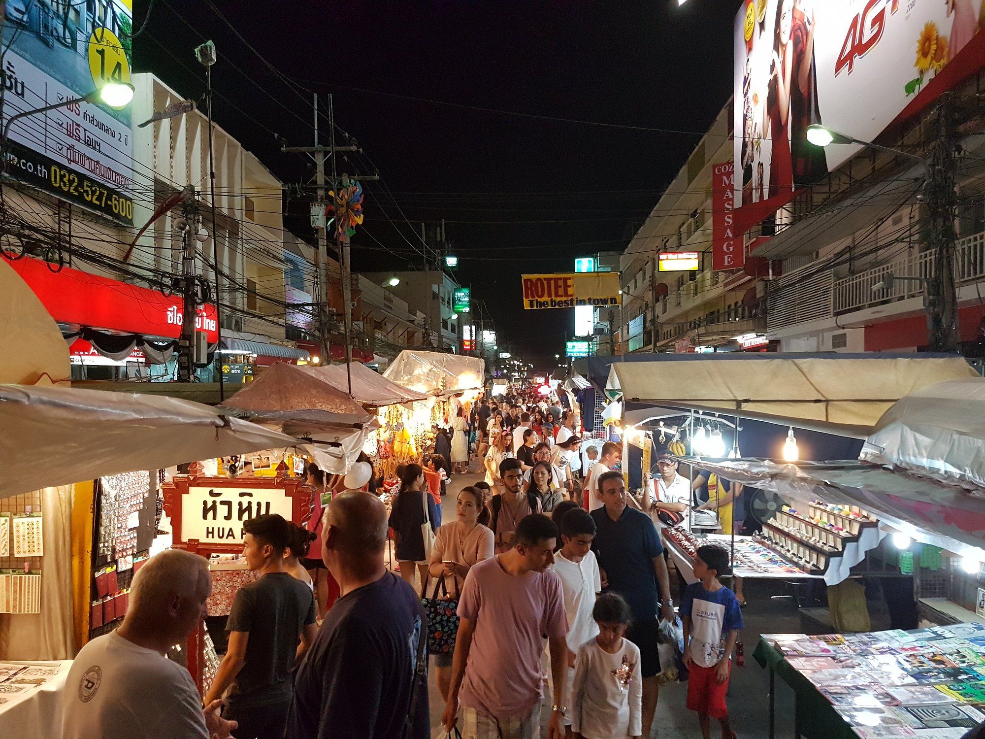 Hua Hin's night market, busy with stalls and visitors.